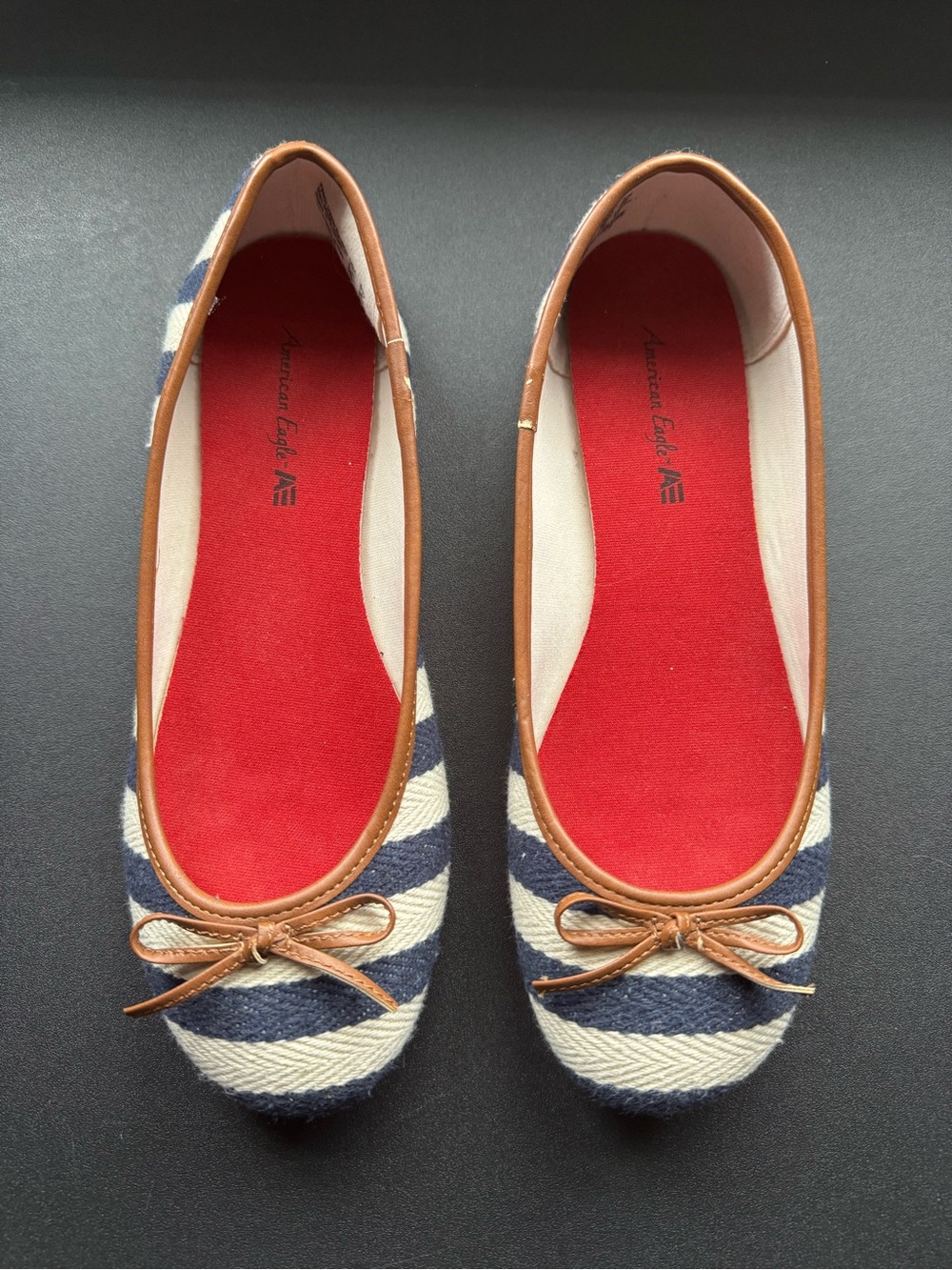 American Eagle Outfitters Navy, Cream & Red Striped Ballet Flats with Brown Trim